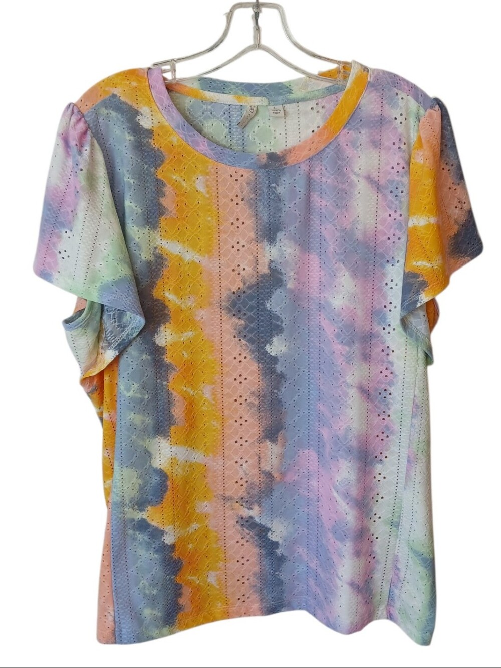 Cato Pastel Tie-Dye Eyelet Flutter Sleeve Top Size Large